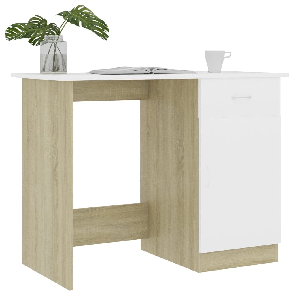 vidaXL Modern Desk with Drawer and Door, White and Sonoma Oak, Sturdy Engineered Wood, Ideal for Small Offices or Dorms