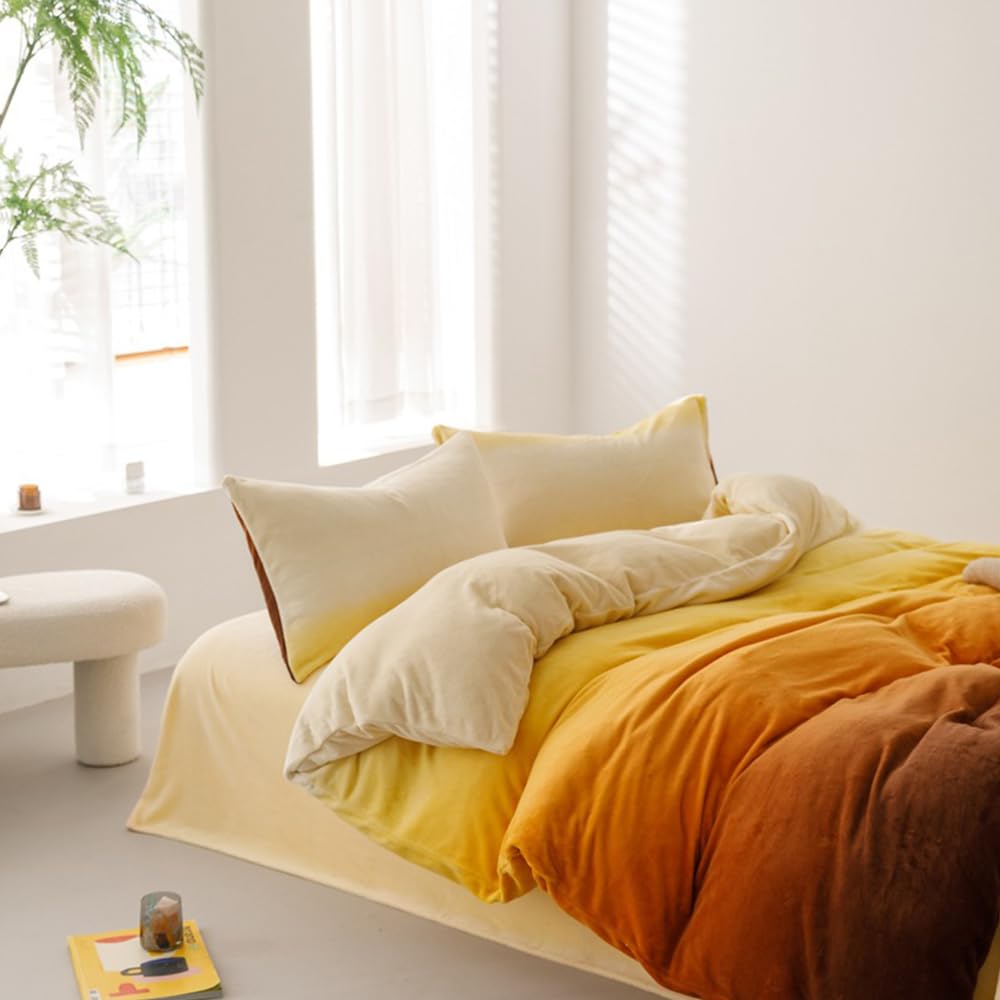 Clothknow Dark Orange Velvet Queen Comforter Set 3Pcs Orange Beige Fluffy Bedding Comforter Sets Dark Yellow Queen Comforter Soft Caramel Queen Size Comforter Sets