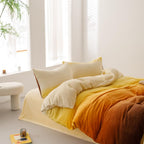Clothknow Dark Orange Velvet Queen Comforter Set 3Pcs Orange Beige Fluffy Bedding Comforter Sets Dark Yellow Queen Comforter Soft Caramel Queen Size Comforter Sets