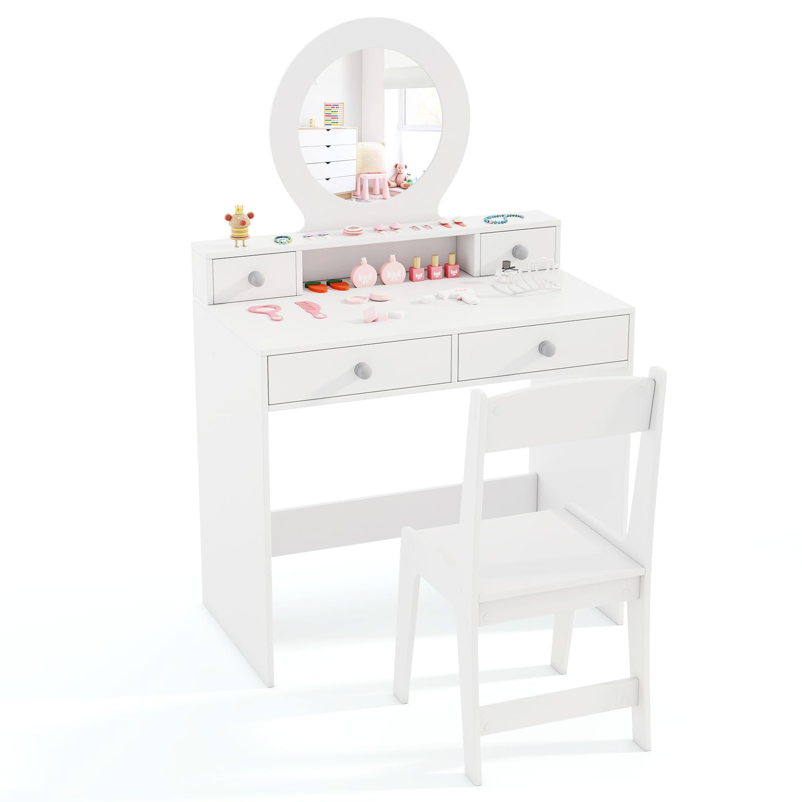HONEY JOY Kids Vanity, Little Girls Vanity Set with Mirror and Stool, Drawers, Toddler Makeup Vanity Dressing Table, Wooden Pret