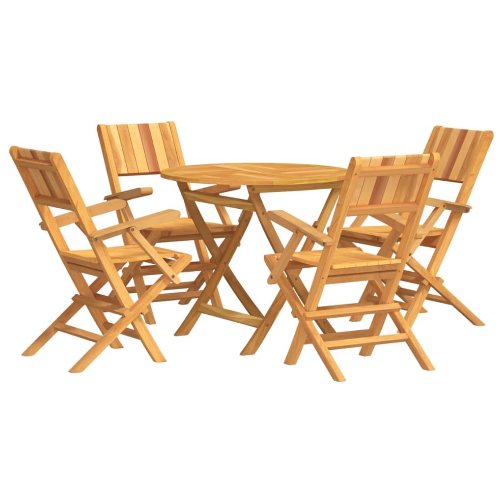 vidaXL 5 Piece Patio Dining Set - Solid Teak Wood, Round Table with Parasol Hole, Foldable Garden Chairs, Scandinavian Design, Suitable for Outdoor Use, Brown