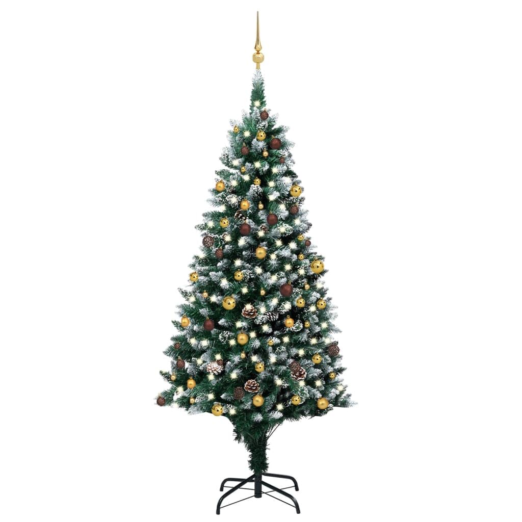 vidaXL Artificial Christmas Tree with LED Lights, Gold Balls and Pine Cones Set, Fake Snow Tips, Green and White - 94.5&quot; Large Holiday Decoration with USB and Metal Base