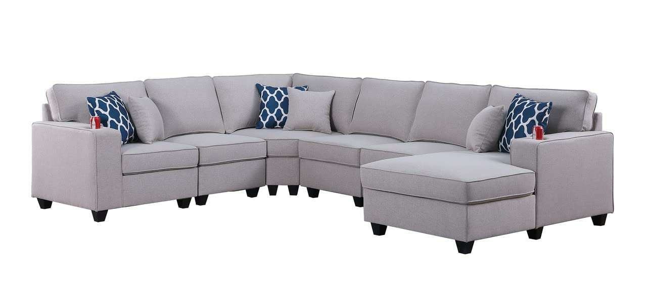 Lilola Home Cooper Light Gray Linen 6Pc Modular Sectional Sofa Chaise with Cupholder