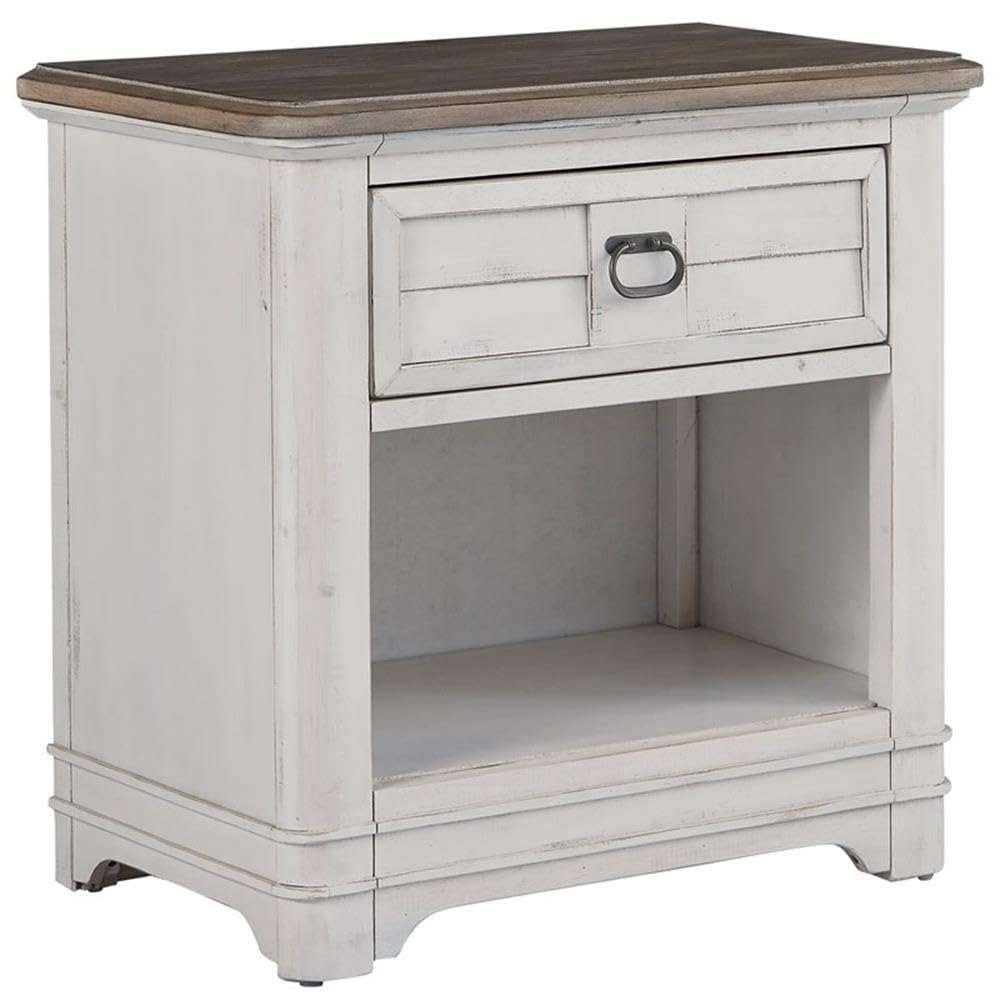 American Woodcrafters Meadowbrook White-Washed Wood Farmhouse Style Storage Nightstand