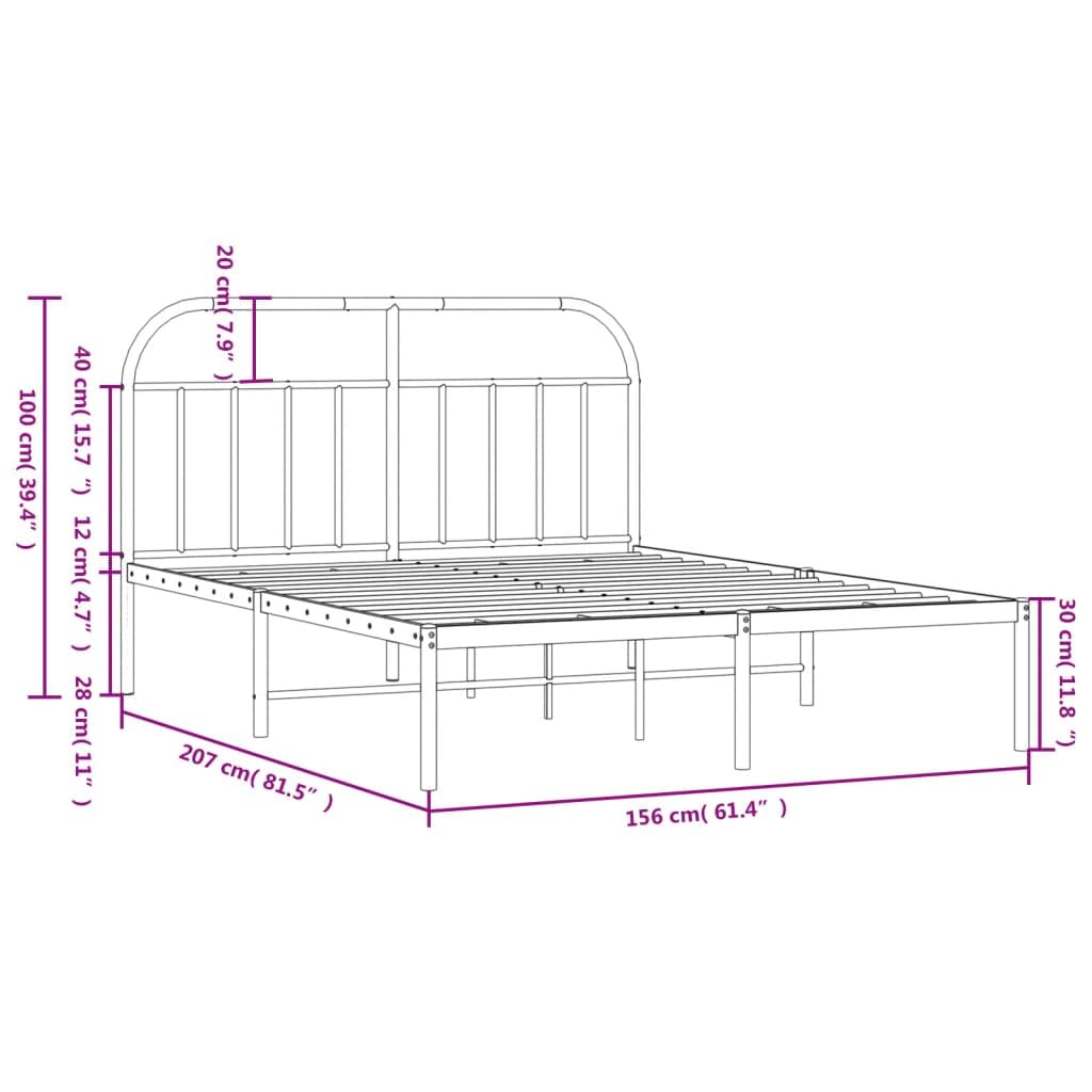 vidaXL Robust Metal Bed Frame with Headboard, Powder-Coated Steel Double Bed with Metal Slats and Maximum Storage Space, Black, Assembly Required