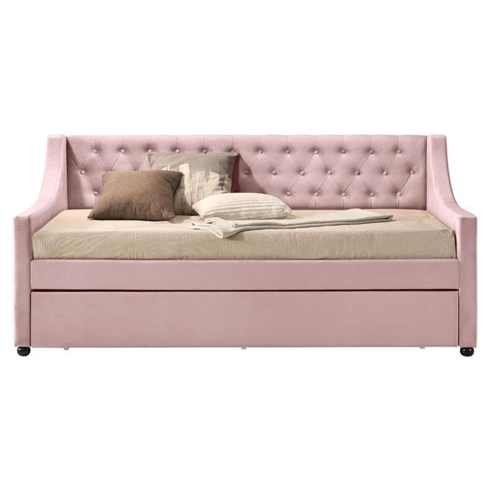 Acme Lianna Button Tufted Velvet Upholstered Twin Daybed and Trundle in Pink