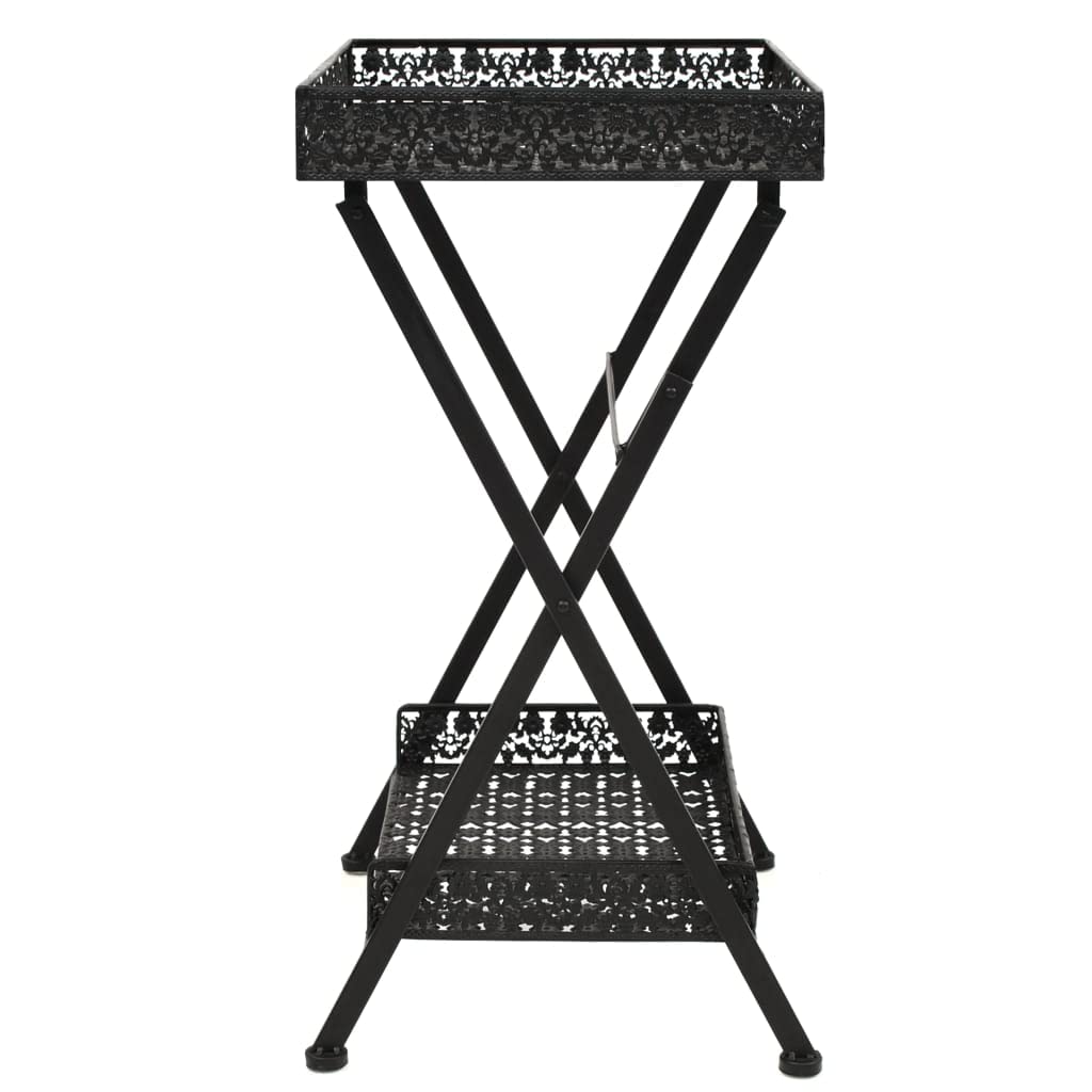 vidaXL Folding Metal Tea Table with Bottom Storage Basket in Black - Vintage, Industrial-Style Accent Side Table