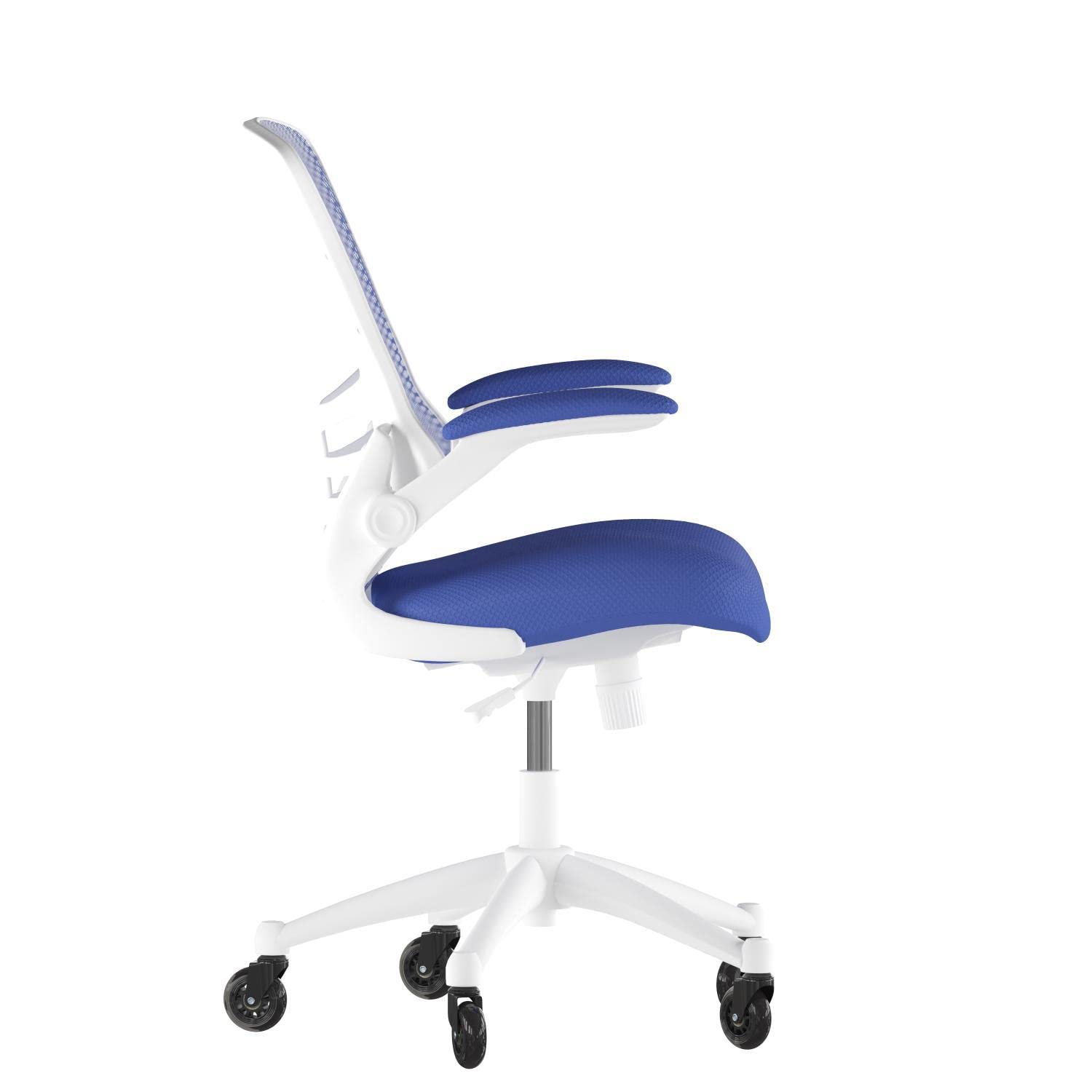 Flash Furniture Kelista Mid-Back Blue Mesh Swivel Ergonomic Task Office Chair With White Frame, Flip-Up Arms, And Transparent Roller Wheels