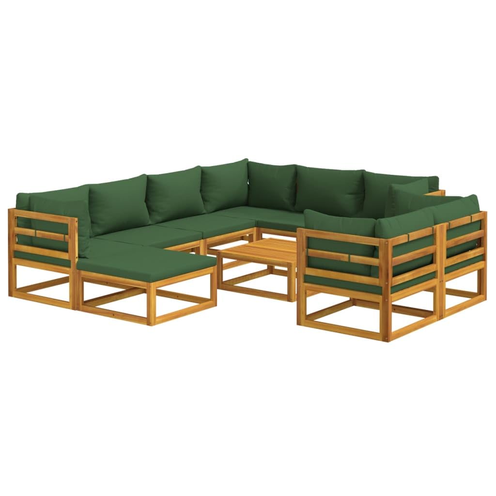 vidaXL 10 Piece Patio Lounge Set with Green Cushions Solid Wood