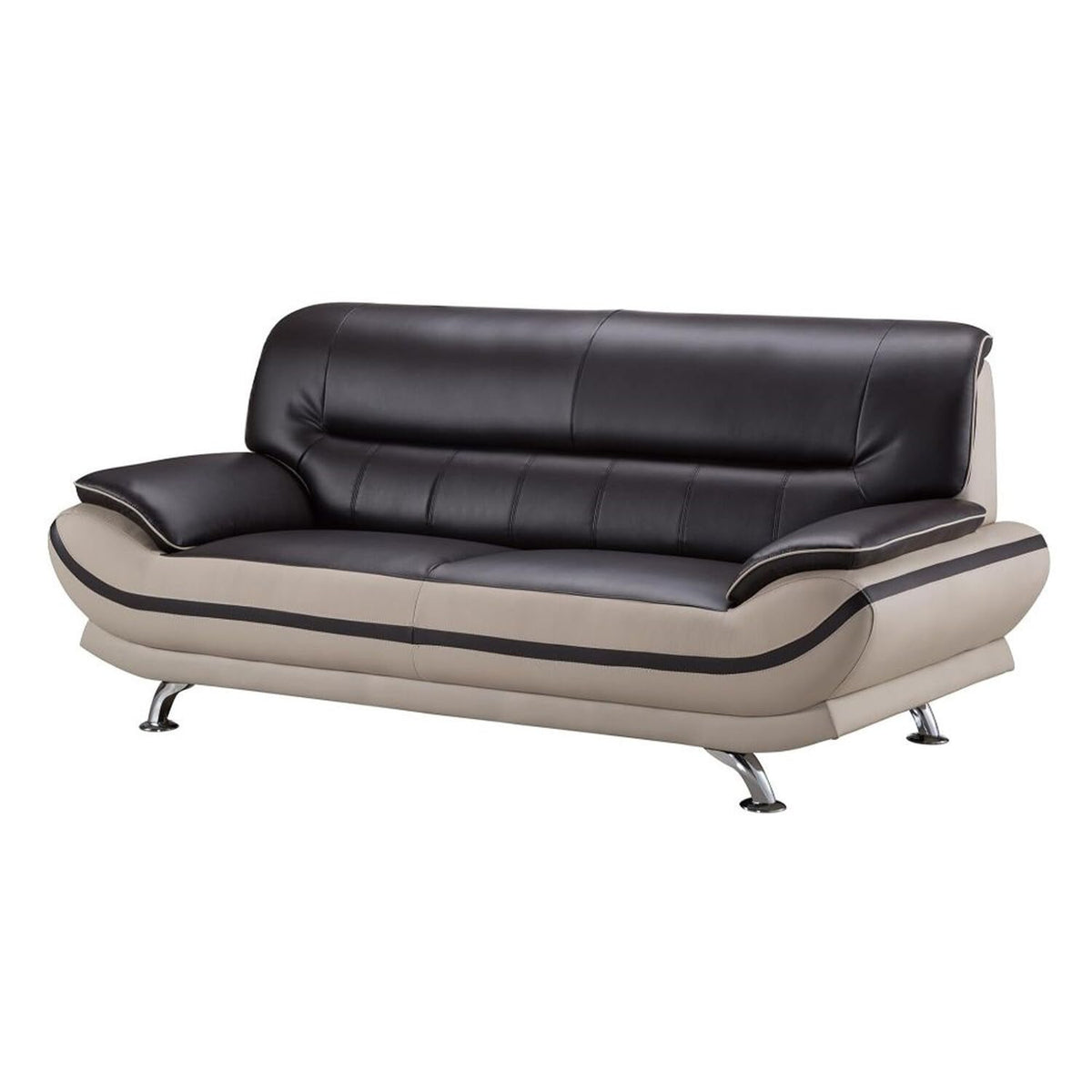 Benjara Faux Leather Upholstered Wooden Sofa with Tufted Cushioned Back, Dark Brown and Beige, Black
