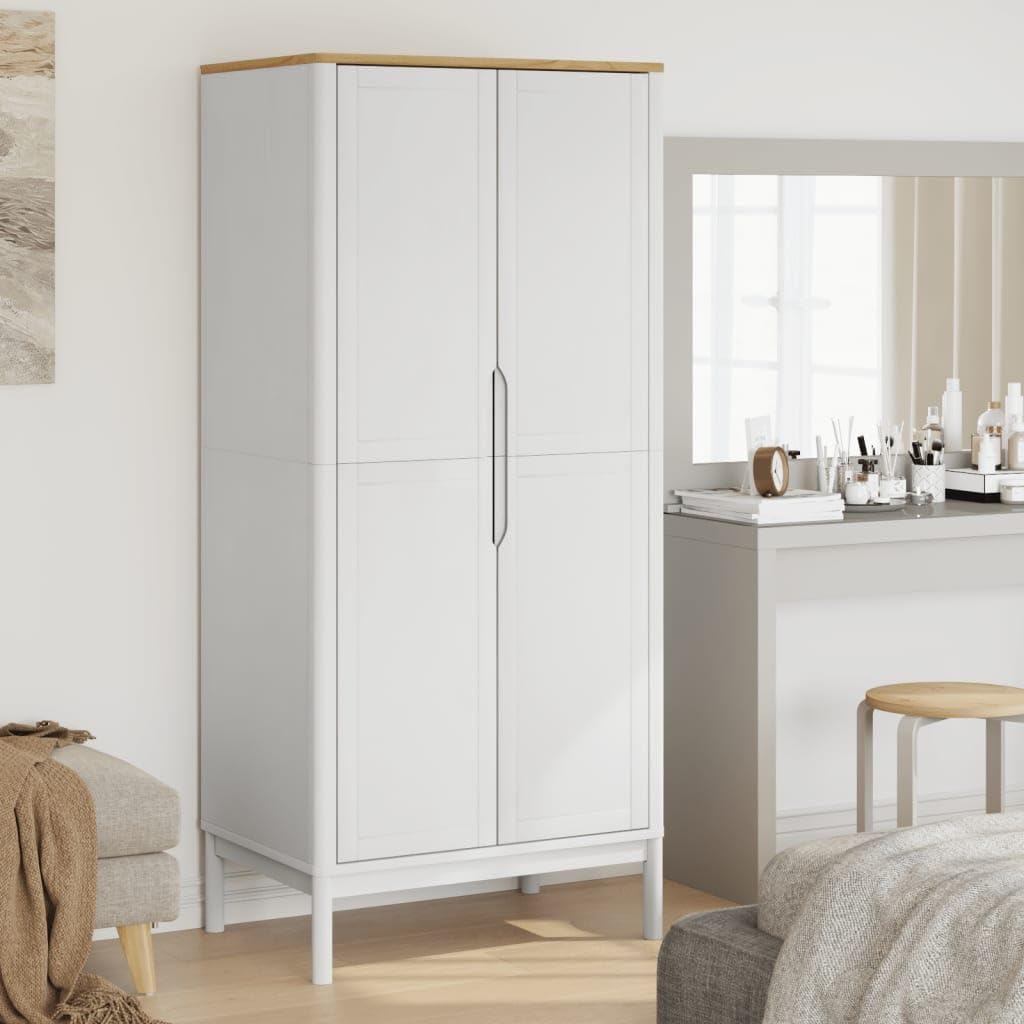 vidaXL Wardrobe FLORO - Solid Pine Wood, White Finish, 30.3&quot;x20.9&quot;x67.3&quot;, Spacious Storage with Clothes Rail and Practical Doors