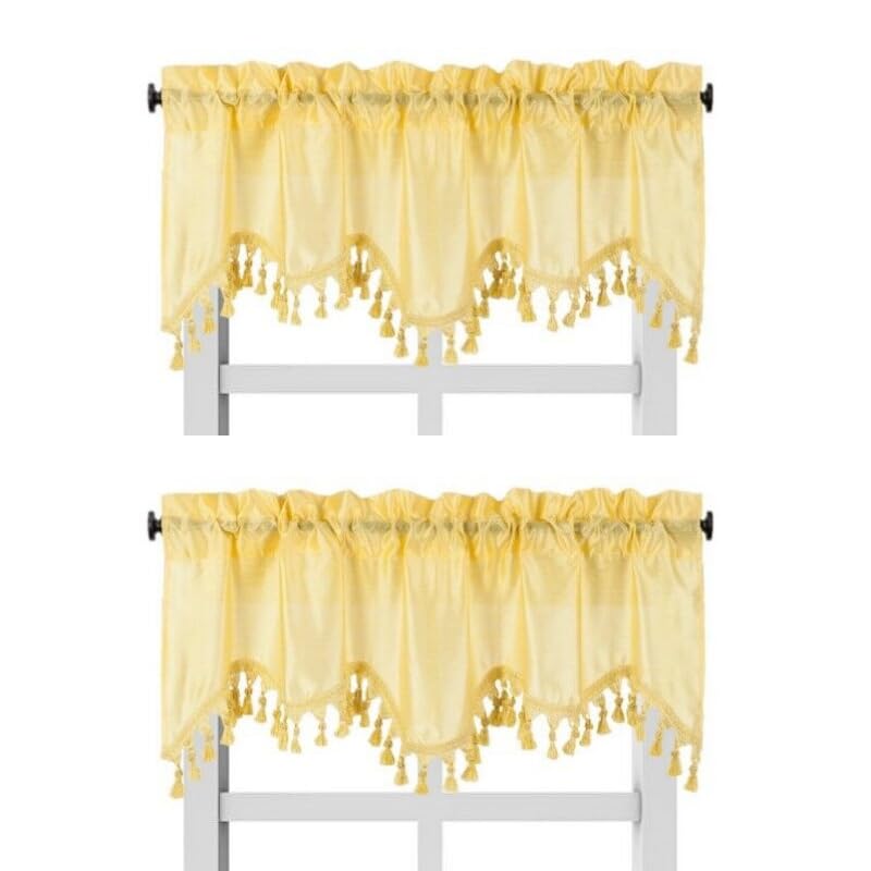 Solid Faux Silk Swag Waterfall Cascade Ascot Window Curtain Valance W/Tassels Trim 55' X18' Wave (2, Yellow)