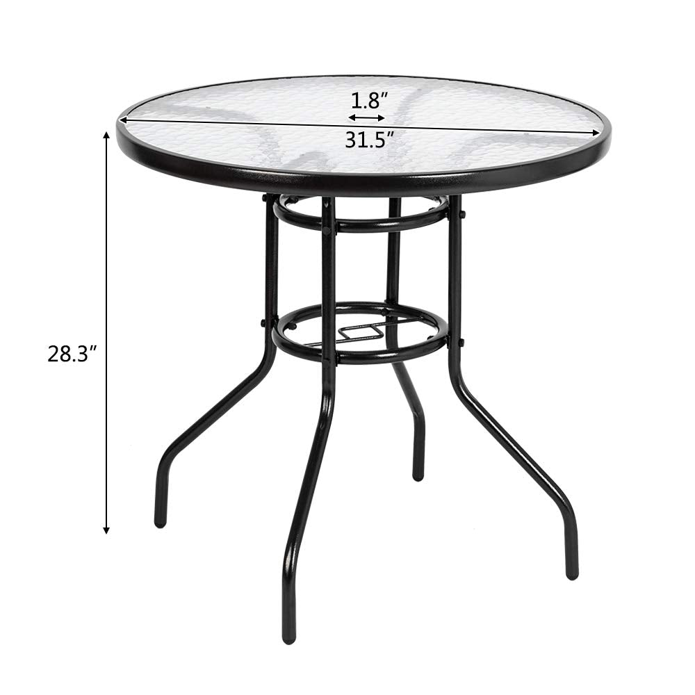 Vingli Round Patio Table With Umbrella Hole, 32' Outdoor Dining Table Steel Tempered Glass Patio Table Round Outdoor Table For Balcony Garden Deck