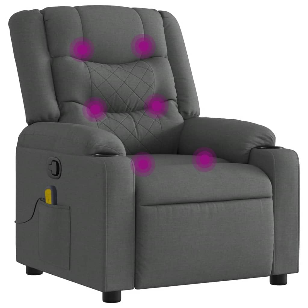 vidaXL Dark Gray Fabric Massage Recliner Chair for Elderly - Manual Recline, Vibration Massage, Cup Holders, Storage Pocket - Co