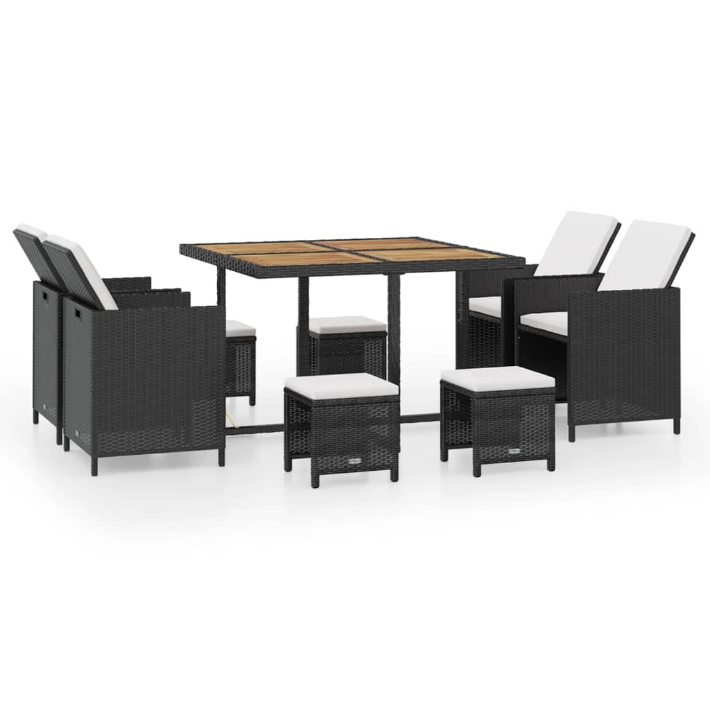 Vidaxl Patio Dining Set 9 Piece, Table And Chair For Garden Balcony Porch, Outdoor Dining Set With Cushions, Stool, Poly Rattan And Acacia Wood Black