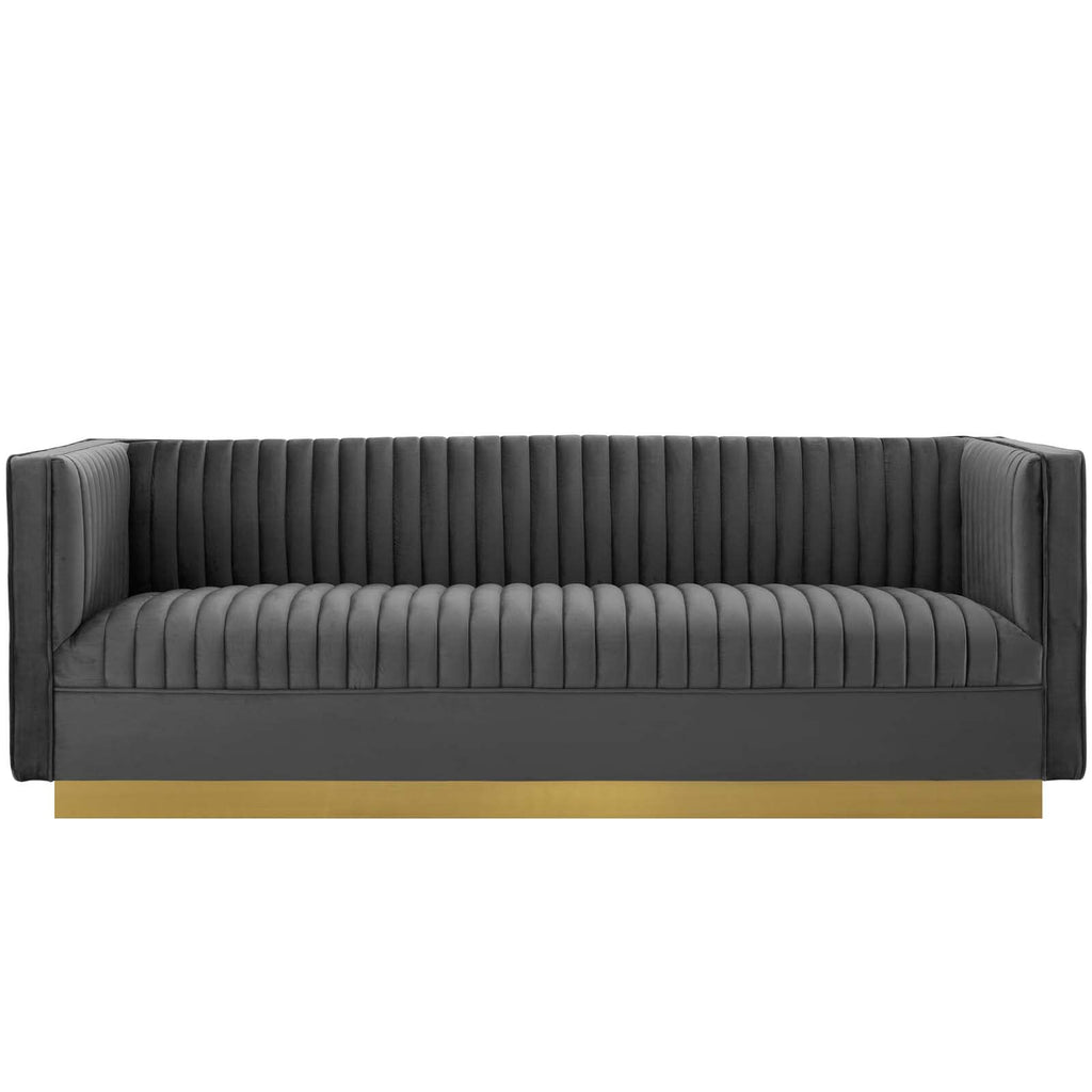 Modway Sanguine Vintage Glamour Channel Tufted Performance Velvet Upholstered Sofa In Gray