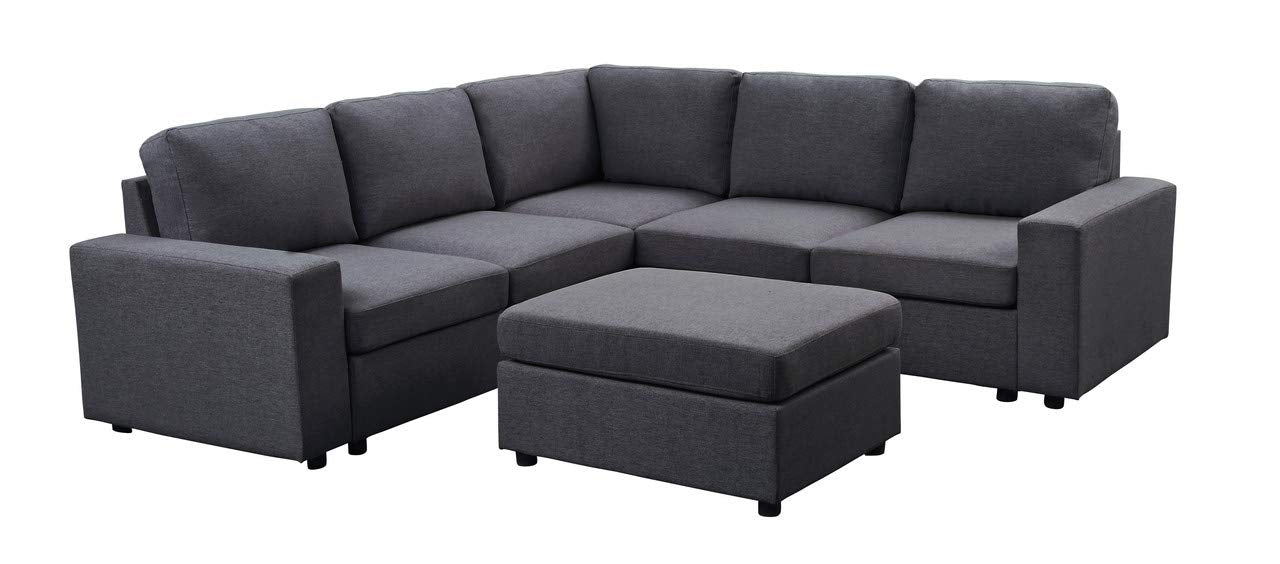 Lilola Home Elliot Sectional Sofa with Ottoman in Dark Gray Linen