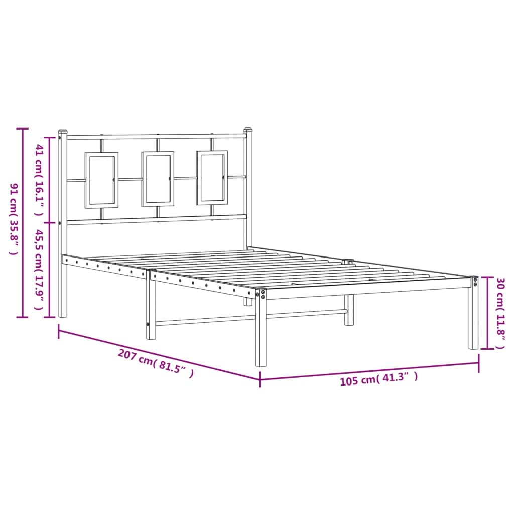 vidaXL Metal Single Bed Frame - Black Steel, Supportive Slats, Elevated Design for Storage, Headboard Included, Fits 39.4&quot;x78.7&quot; Mattress
