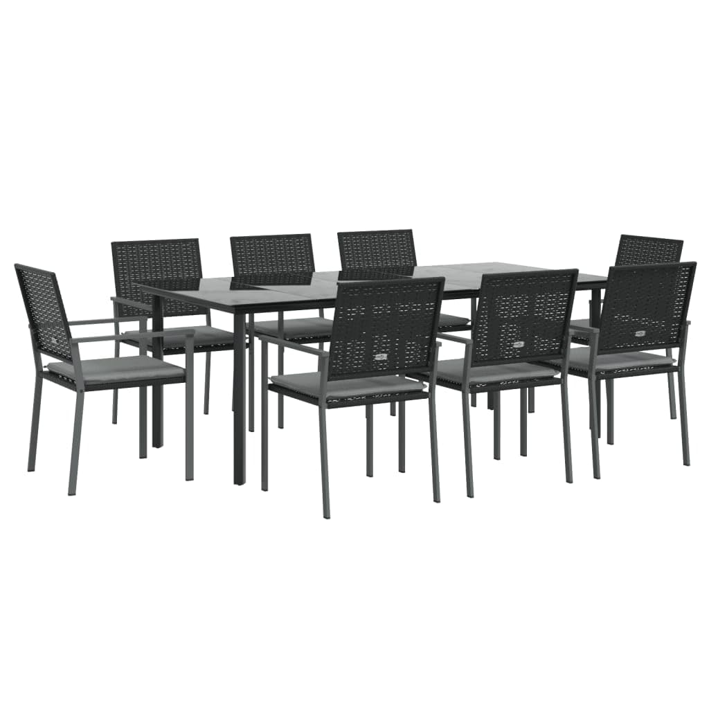 vidaXL Garden Patio Dining Set with Cushions - 9-Piece Outdoor Furniture Set with Sturdy Steel Frame, Poly Rattan Construction, Tempered Glass Table-top and Comfortable Chairs