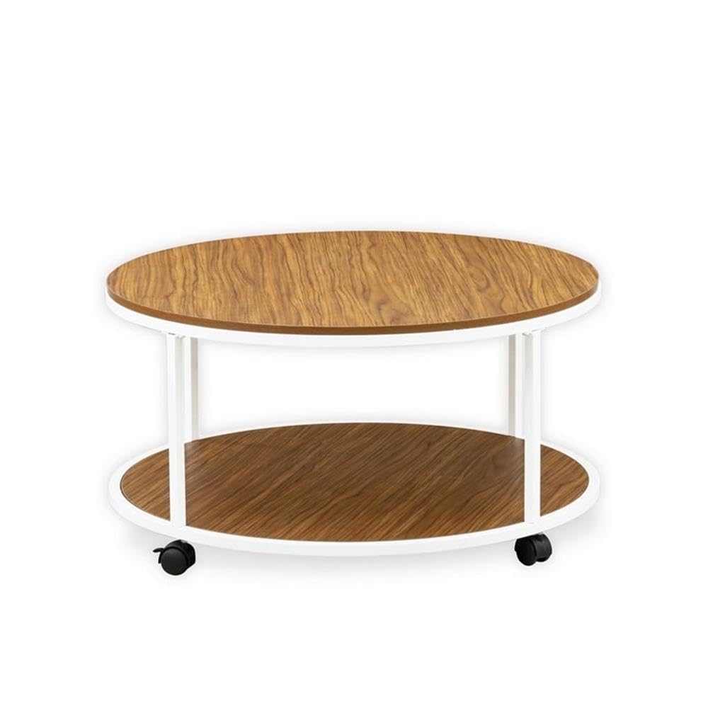 East West Furniture HRCTW01 Harley Coffee Table - Round Mid Century Modern Center Table with 2 Tier for Living Room, 35 Inch Inch, Powder Coating White Frame and Brown Wood Laminate Top