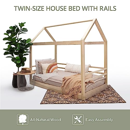 American Furniture Classics Model Twin S 2R3S Twin Size House Bed on Raised Platform with Side Rails on Three Sides