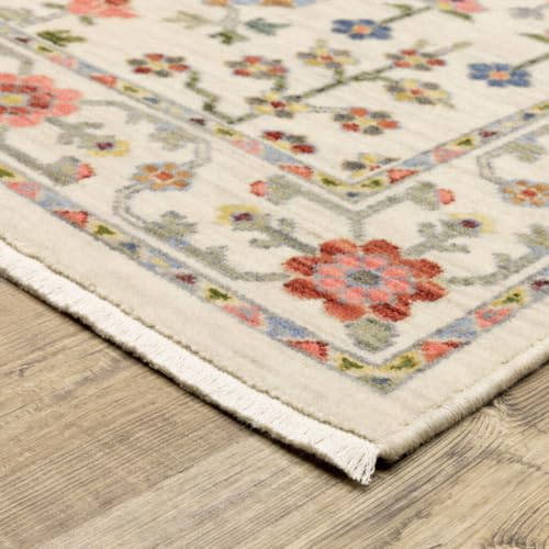 HomeRoots 509286 6 x 9 ft. Ivory Salmon Pink Gold Blues Gray Rust & Green Oriental Power Loom Stain Resistant Rectangle Area Rug with Fringe