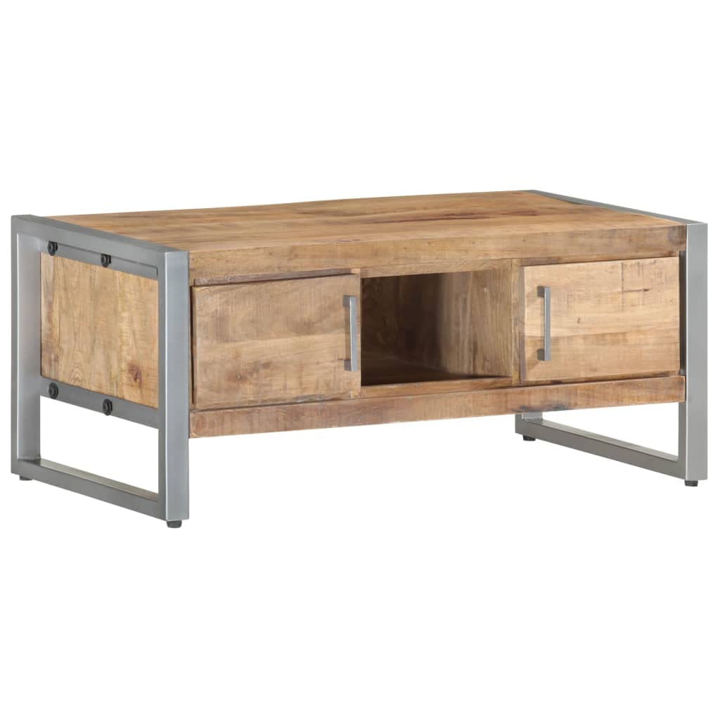 vidaXL Coffee Table - Rectangular, Rough Mango Wood, Two Doors and a Compartment Storage, Durable Iron Frame, Industrial Style, White Finish, 37.4"x19.7"x15.7"