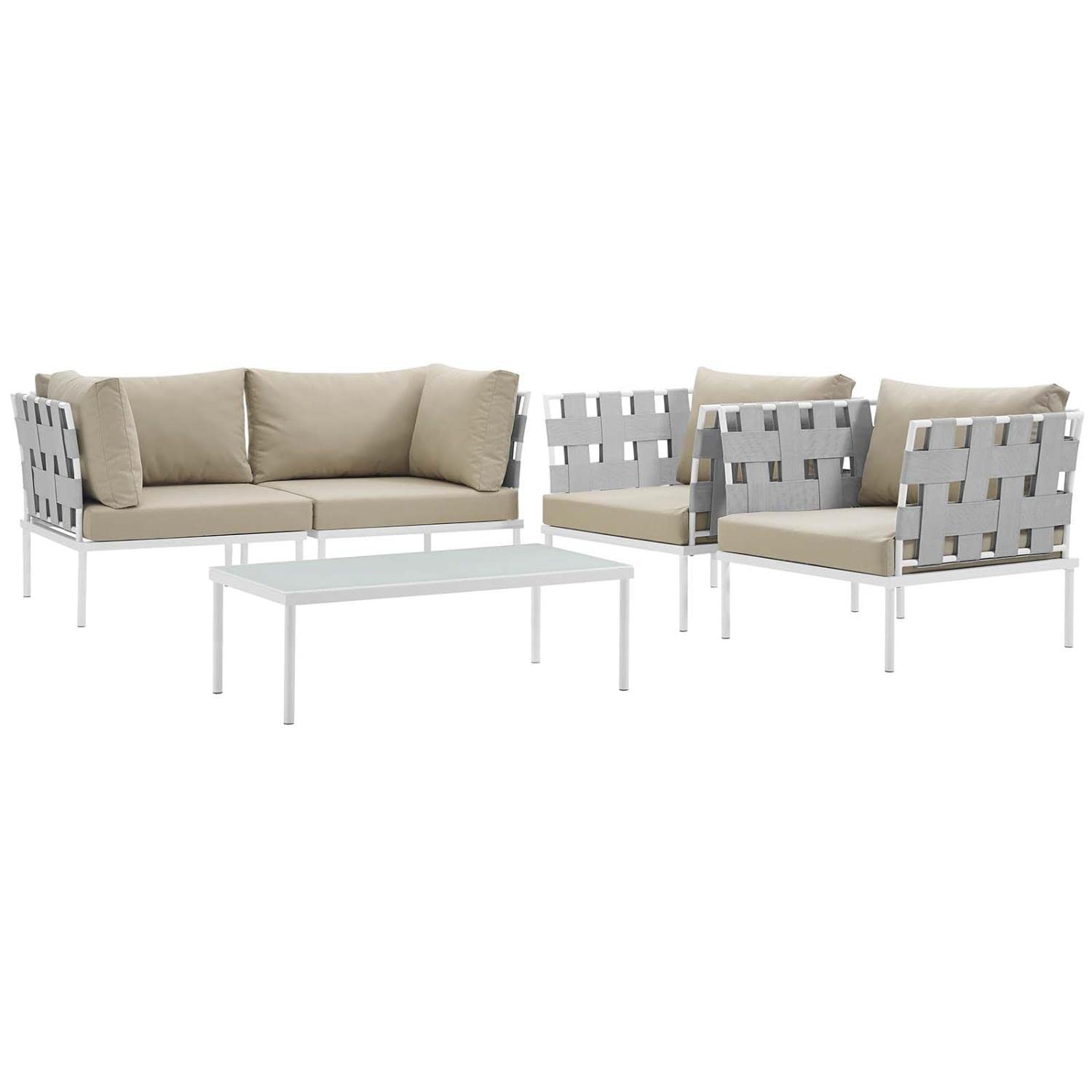 Modway Harmony 5-Piece Aluminum Outdoor Patio Furniture Sectional Sofa Set With Cushions In White Beige