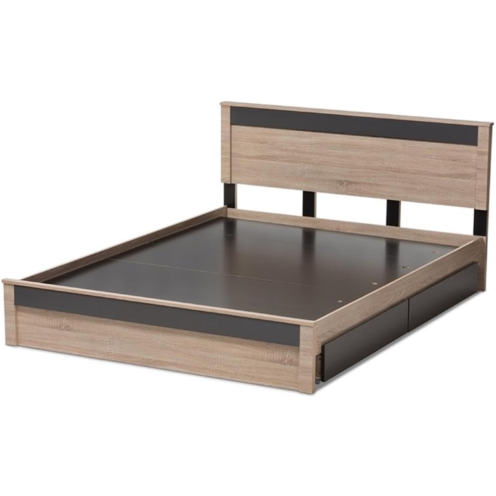 Baxton Studio Jamie Modern And Contemporary Two-Tone Oak And Grey Wood Queen 2-Drawer Queen Size Storage Platform Bed/Contemporary/Light Brown/Gray/Particle Board/Mdf With Pu Paper