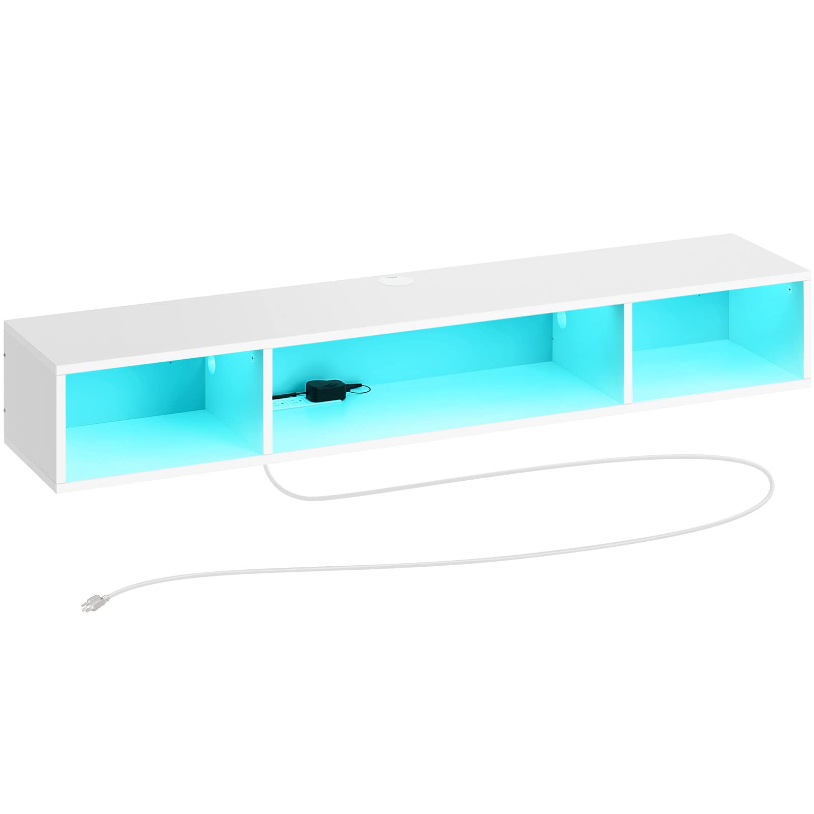 Rolanstar Tv Stand With Power Outlet, Floating Tv Stand With Rgb Lights, 55.1' Wall Mounted Tv Shelf, White Media Console With Storage Shelf, Entertainment Shelf Under Tv For Living Room, Bedroom
