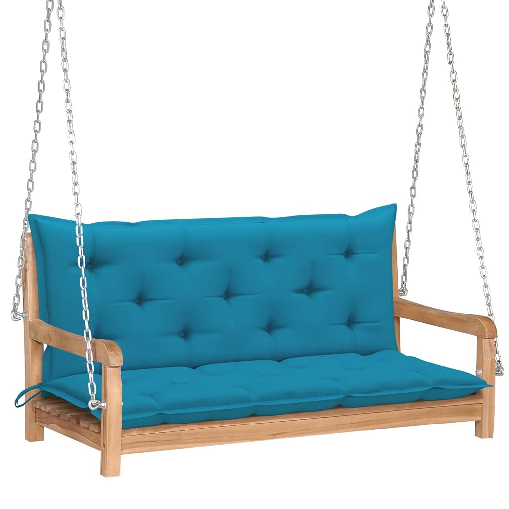 Solid Wood Teak Swing Bench with Light Blue Cushion