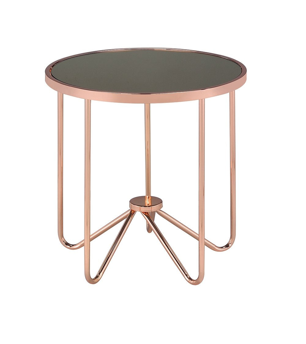 HomeRoots Furniture End Table in Smoky Glass & Rose Gold Multicolor