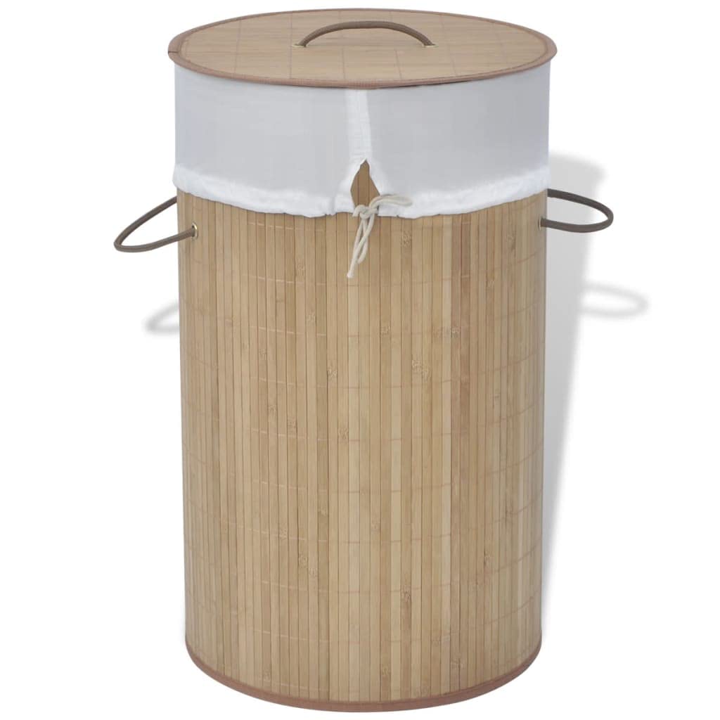 vidaXL Round Bamboo Laundry Bin with Removable Liner - Natural Lightweight Basket for Laundry or Toy Storage - Easy to Assemble and Portable
