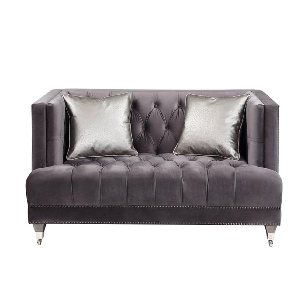 Acme Hegio Velvet Tufted Nail-Head Trim Loveseat with 2 Pillows in Gray
