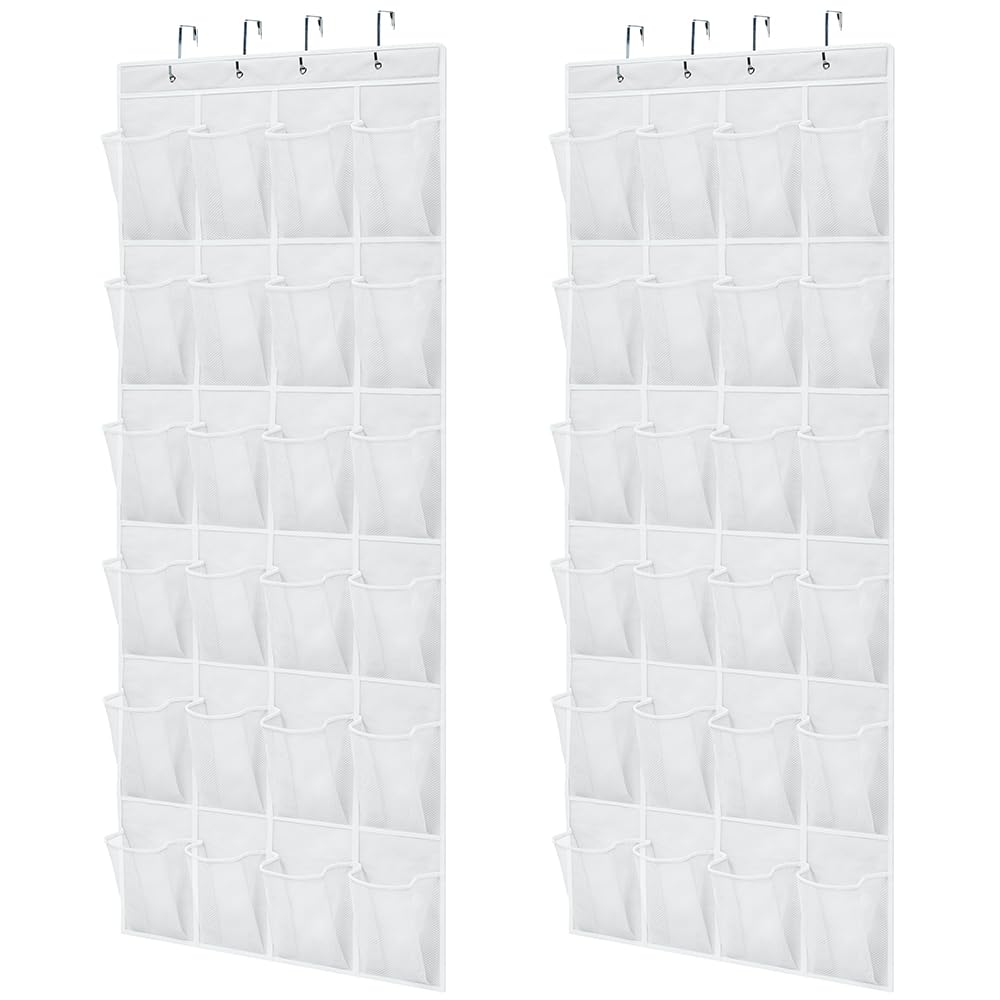 Gorilla Grip Over The Door Shoe Organizer, 2 Pack, 24 Breathable Mesh Pockets, Space Saving Hanging Storage Holder, Closet Rack Hanger Holds Up To 40 Lbs, Hangs On Closets, Shoes, Accessories, White