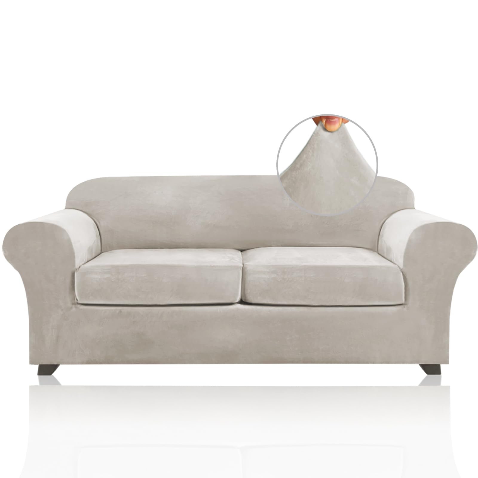 Princedeco 3 Pieces Sofa Covers Velvet Couch Covers For 2 Cushion Sofa Soft Sofa Covers For 2 Cushion Couch Width Up To 90 Inch Feature Thick Soft Stay In Place(Medium-Large, Oatmeal)