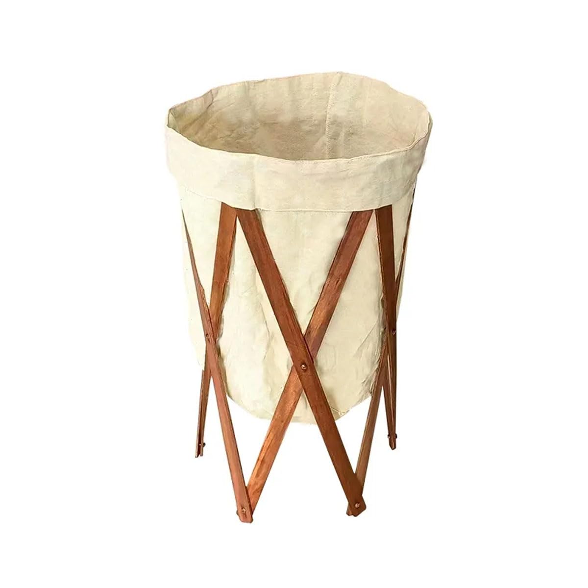Collapsible Laundry Basket Linen Cloth Laundry Hamper Wooden Hamper Laundry Removable Liner Bag (Beige)