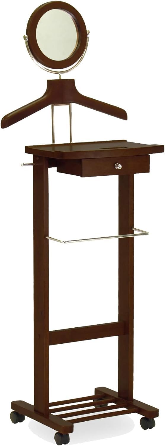 Winsome Wood Valet Stand With Mirror, Drawer, Tie Hook, Casters, Antique Walnut (94155)