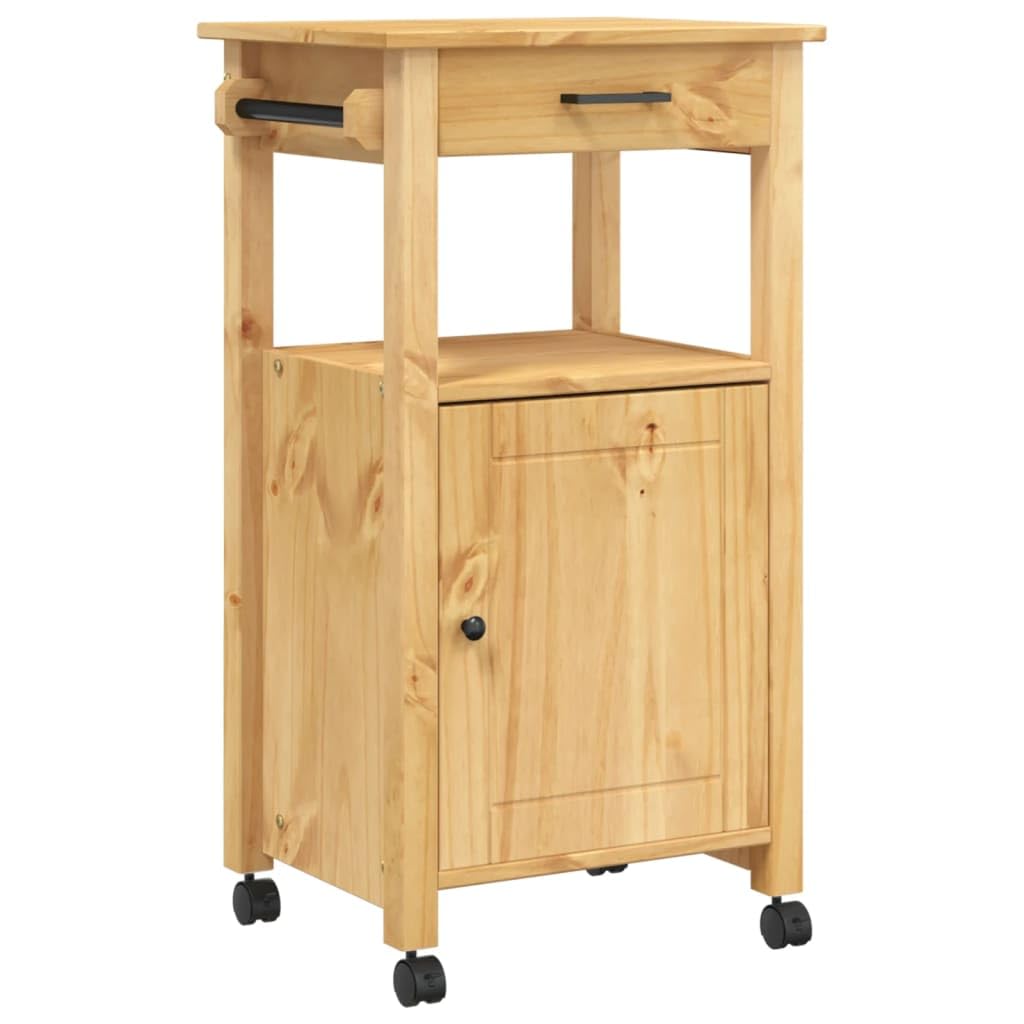 vidaXL Solid Pine Wood Kitchen Trolley - Vintage Honey Wax Finish Rolling Cart with Storage Drawer, Door, & Wheels - Versatile Organizer for Kitchens/Living Spaces