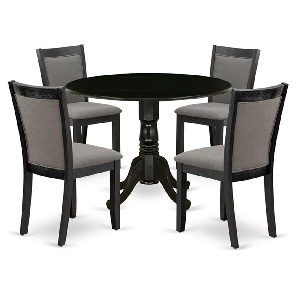 East West Furniture DLMZ5-AB6-50 5 Piece Dining Room Furniture Set Includes a Round Dining Table with Dropleaf and 4 Dark Gotham Grey Linen Fabric Parson Chairs, 42x42 Inch, Wirebrushed Black