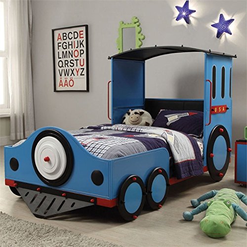 Acme Tobi Train Twin Bed With Metal Frame In Blue And Red And Black