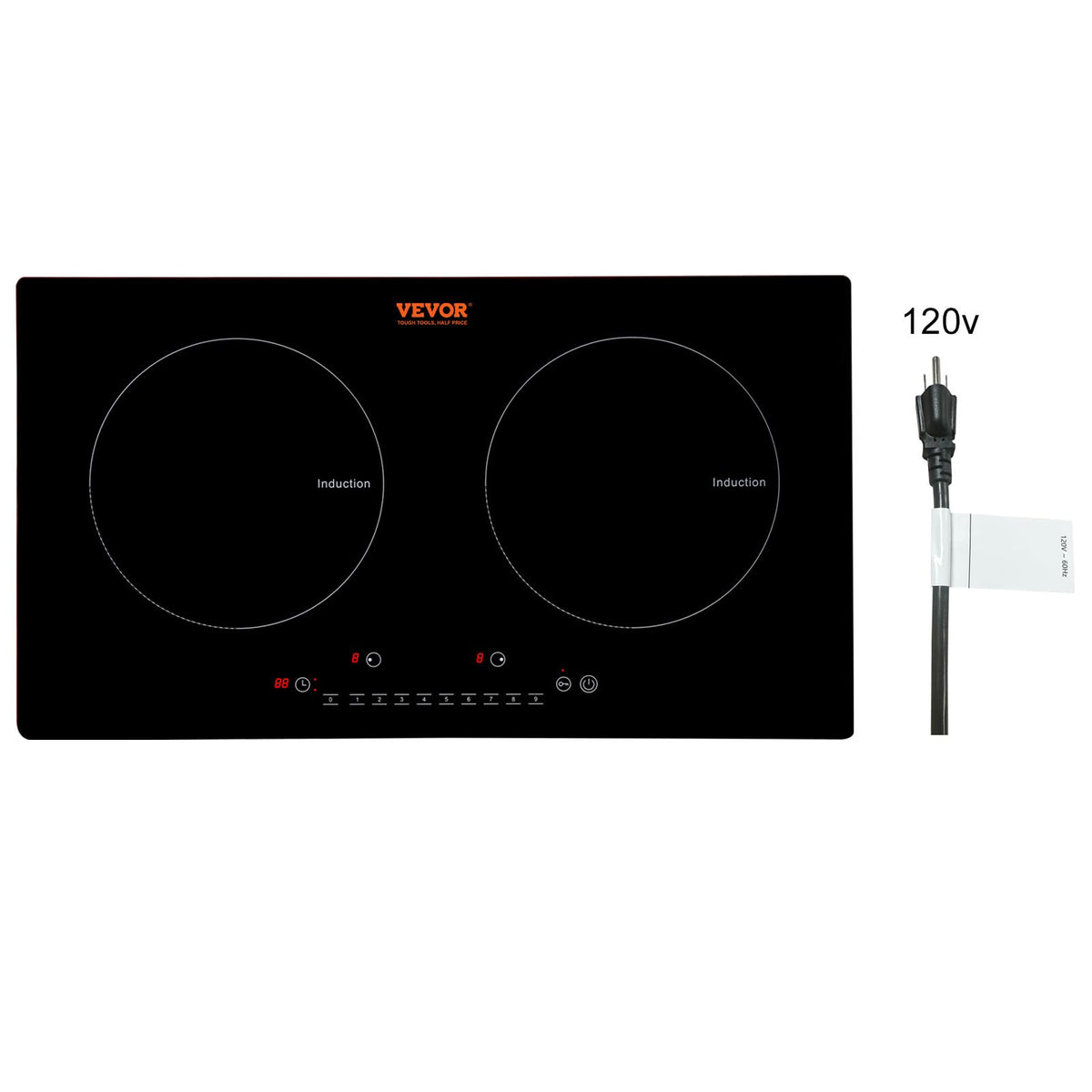 VEVOR Electric Cooktop, 2 Burners, 24'' Induction Stove Top, Built-in Magnetic Cooktop 1800W, 9 Heating Level Multifunctional Bu