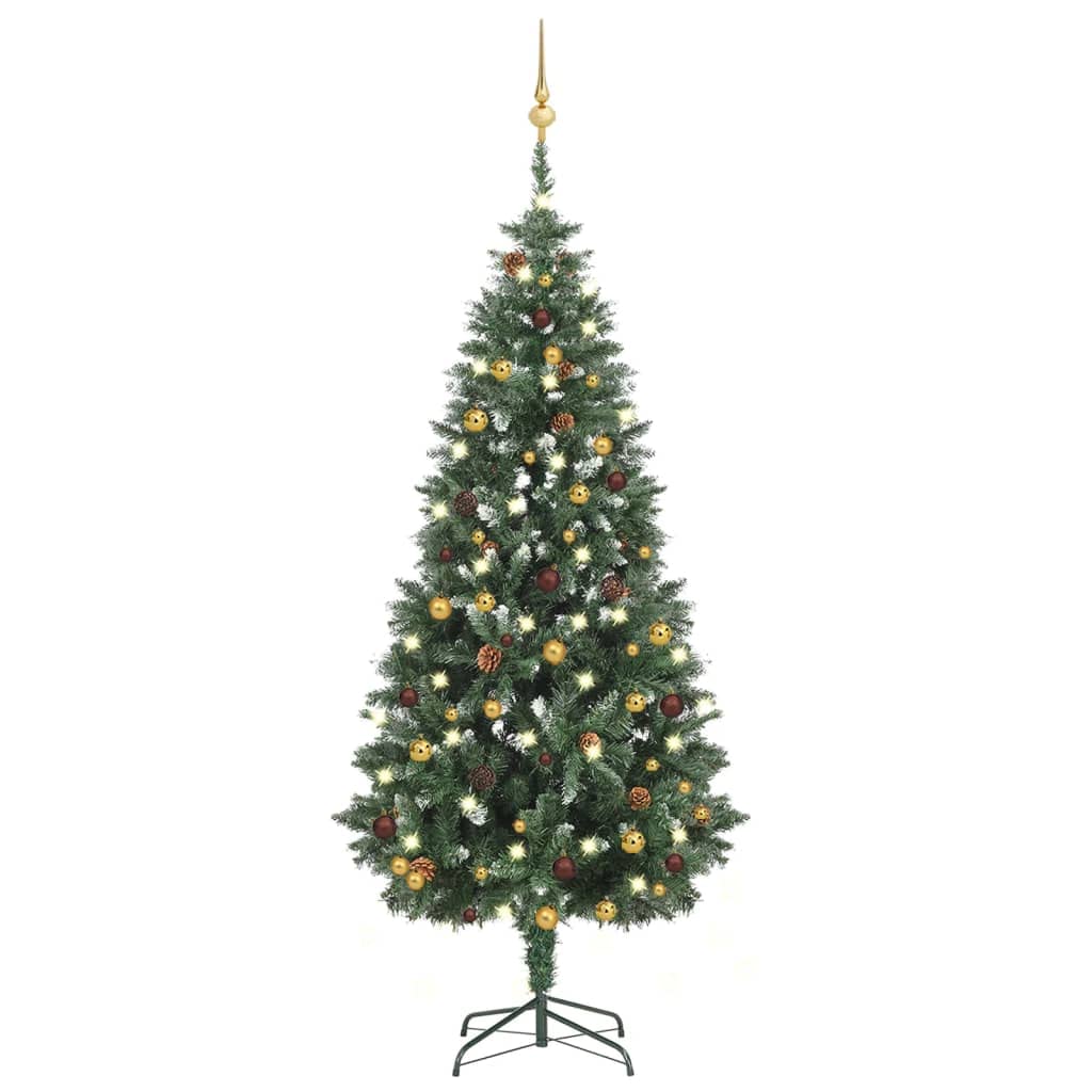 Vidaxl Artificial Christmas Tree - Lifelike Pine Tree With Led Lights And Decorative Gold & Bronze Ball Set, 70.9&quot; Height - Includes Iron Base - Green, White, Gold