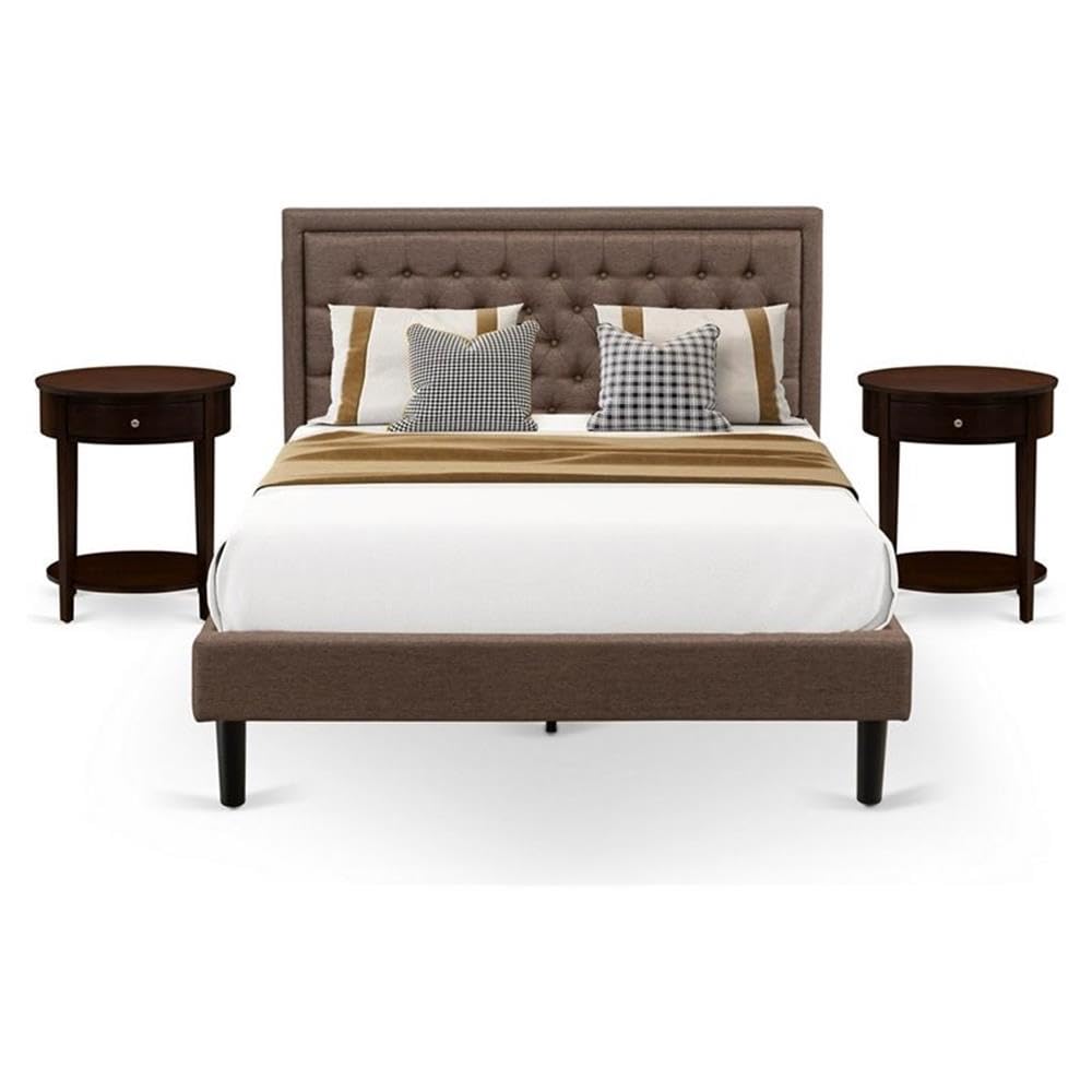 East West Furniture Kd18Q-2Hi0M 3 Piece Queen Size Bed Set - 1 Queen Bed Brown Linen Fabric Padded And Button Tufted Headboard With 2 Nightstands - Antique Mahogany Finish Nightstand