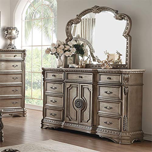 Acme Northville 9 Drawer Marble Top Dresser in Antique Silver