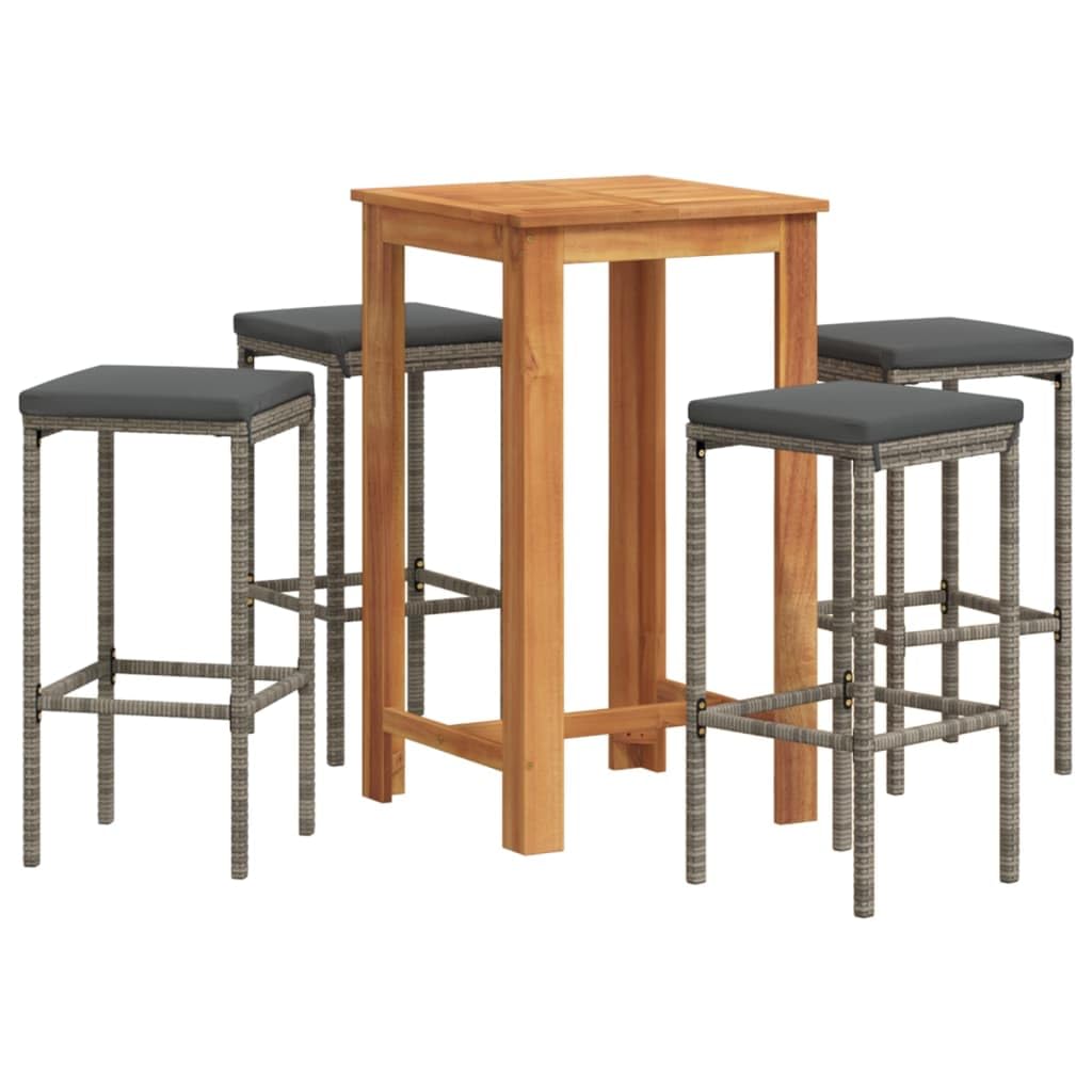 vidaXL Acacia & Poly Rattan 5Pc Patio Bar Set - Gray Outdoor Bar Table and Stools with Comfort Cushions, Footrest, Washable Covers