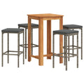 vidaXL Acacia & Poly Rattan 5Pc Patio Bar Set - Gray Outdoor Bar Table and Stools with Comfort Cushions, Footrest, Washable Covers