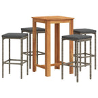 vidaXL Acacia & Poly Rattan 5Pc Patio Bar Set - Gray Outdoor Bar Table and Stools with Comfort Cushions, Footrest, Washable Covers