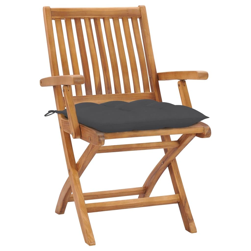 vidaXL Set of 2 Solid Teak Wood Patio Chairs with Thickly Padded Anthracite Cushions, Timeless Stylish Design, Foldable for Space Saving, Suit for Home and Outdoor Use