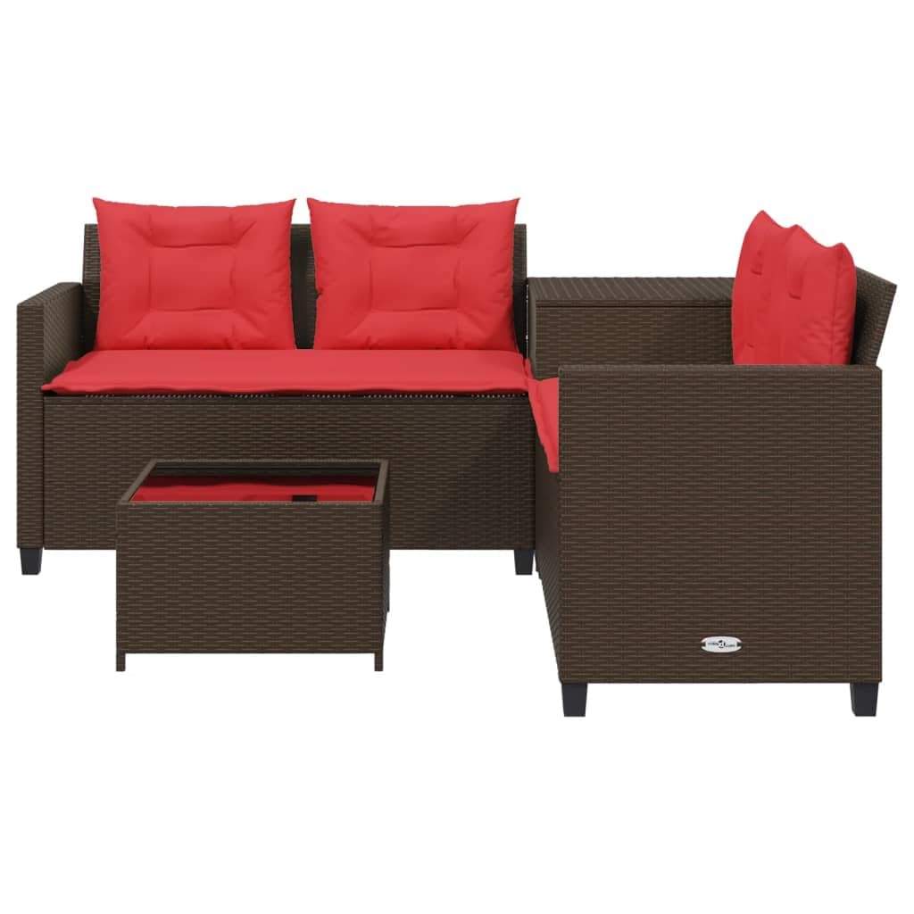 vidaXL Patio Sofa Set - L-Shaped Brown Poly Rattan Outdoor Seating with Side & Coffee Table, Tempered Glass Top, Cushions, Storage